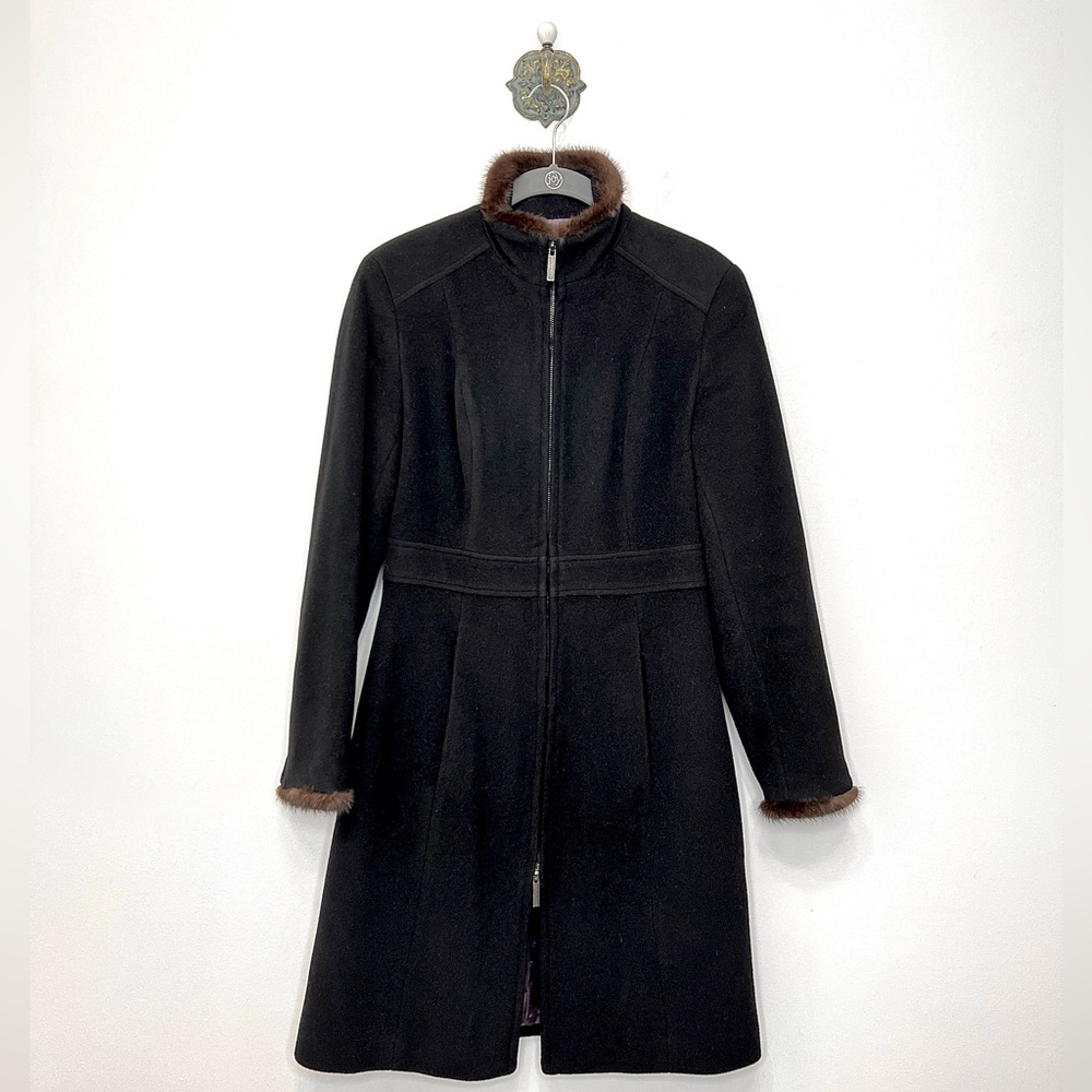 Andrew Marc Black Wool Angora Cashmere Blend Overcoat Mink Fur Trim Women’s XS